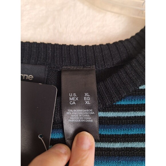 Men XL Claiborne Sweater Silk Blend Black Blue Striped NWT Crew Neck Ribbed Trim - Picture 7 of 10